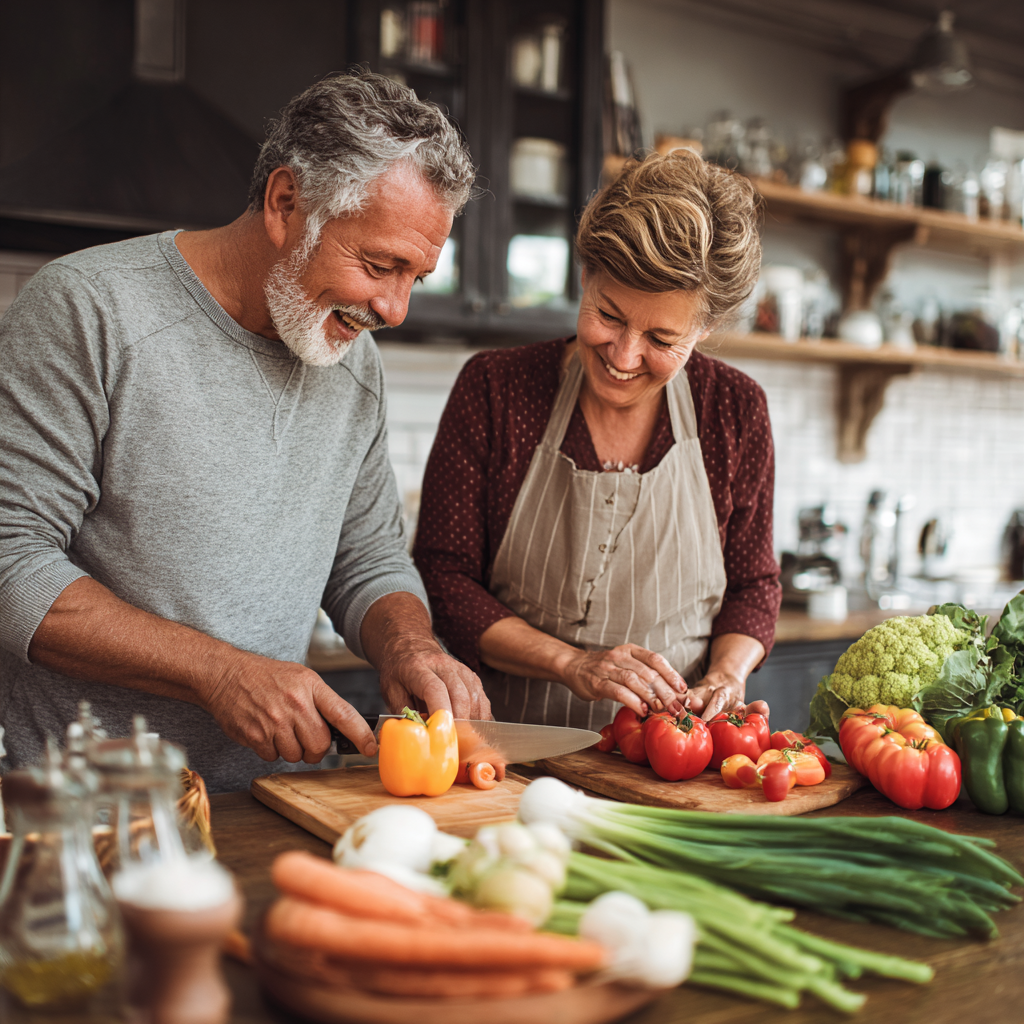 Middle-aged adults preparing fresh vegetables in bright kitchen, demonstrating healthy meal planning